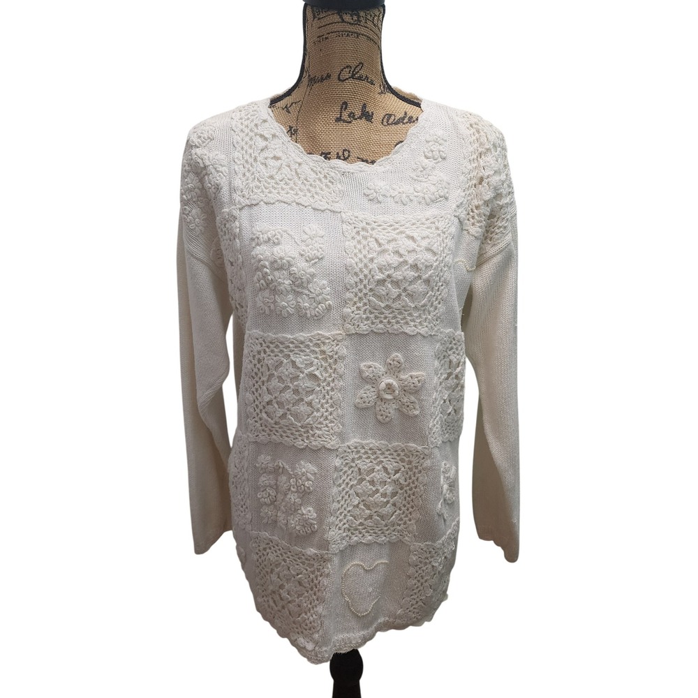 Basic Editions Crochet Knit Sweater White Cottagecore Grannycore Size M
